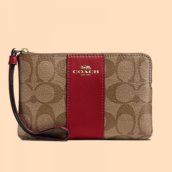 Coach Corner Zip Wristlet Signature Khaki Cherry Averand
