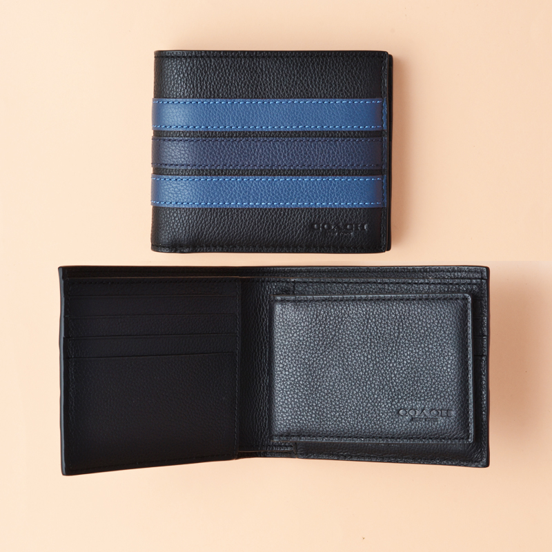 Coach Men's 3-In-1 Wallet In Refined Pebble Leather With Varsity Stripe  (Black Saddle - Midnight)