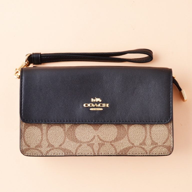 Coach Foldover Wristlet Signature Khaki Black Averand