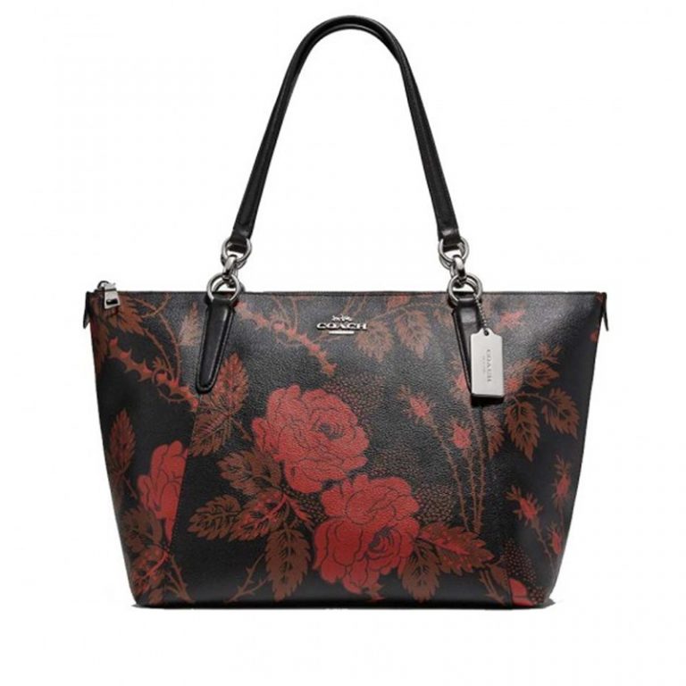 Coach Ava Tote Thorn Roses Print Black Red Multi - Averand
