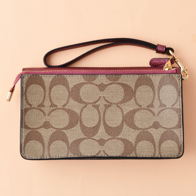 Coach Foldover Wristlet Signature Khaki Metallic Wine Averand