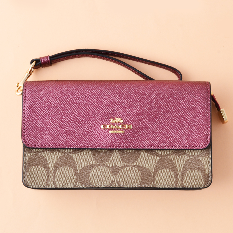 Coach Foldover Wristlet Signature Khaki Metallic Wine Averand