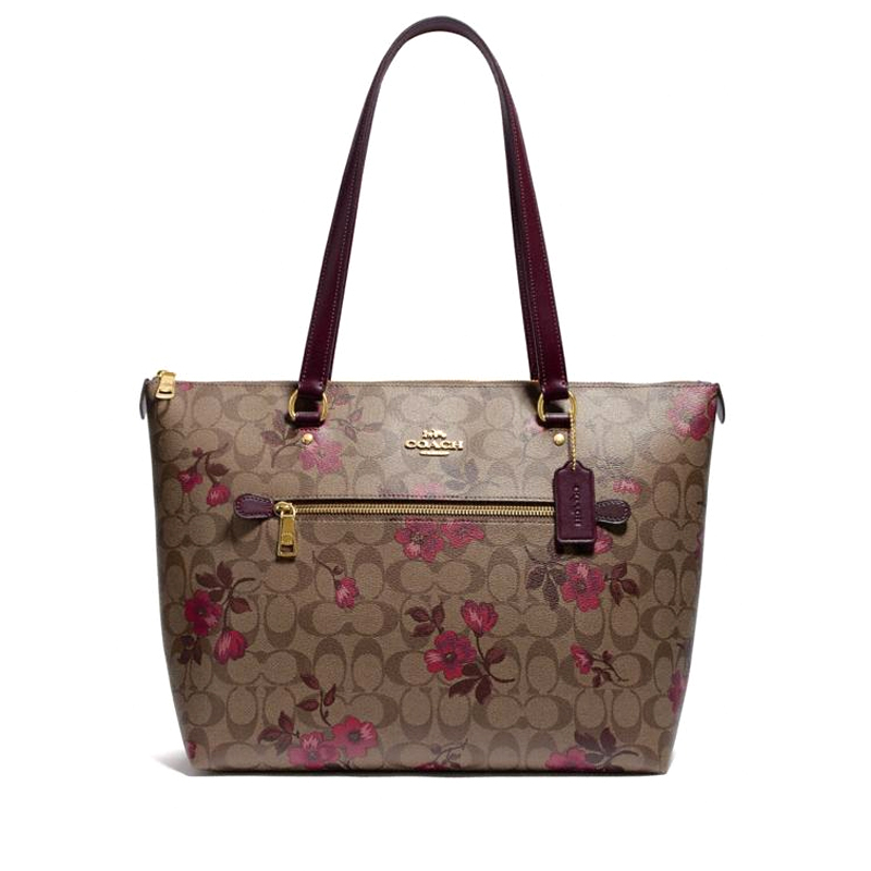 Coach Gallery Tote Victorian Floral Print Signature Khaki Berry Multi