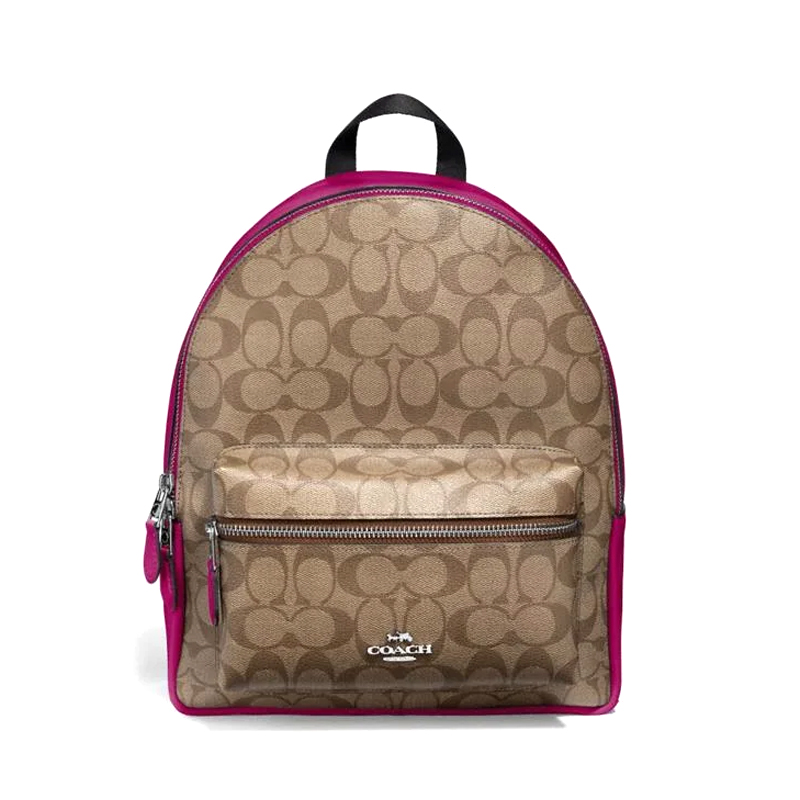 Coach Medium Charlie Backpack Signature Khaki Dark Fuchsia Averand