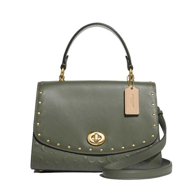 Coach Tilly Top Handle Satchel Rivets Signature Military Green - Averand