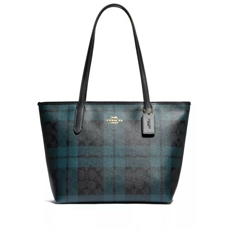 Coach Zip Top Tote Field Plaid Print Signature Black Deep Ocean Multi