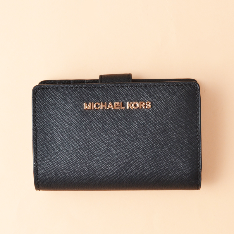 Michael Kors Jet Set Travel Bifold Zip Coin Saffiano Leather Wallet, Black  