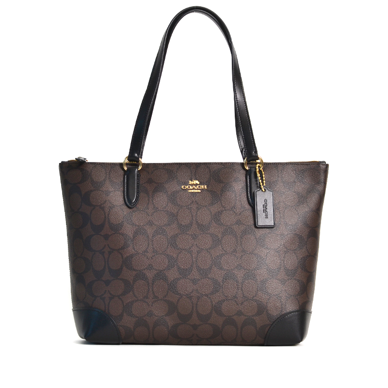 Coach Zip Top Tote Signature Brown Black - Averand