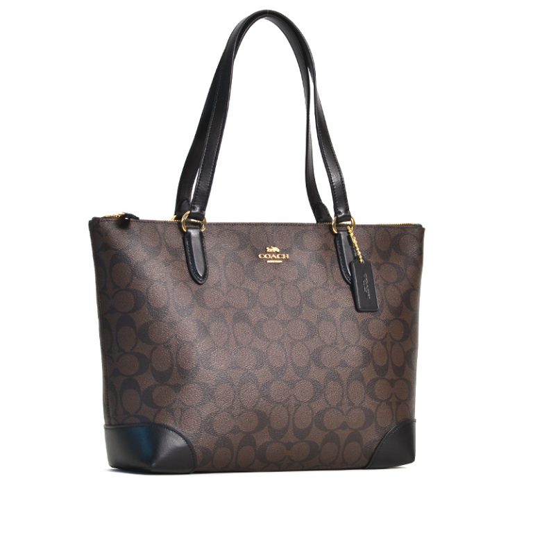 Coach Zip Top Tote Signature Brown Black Averand