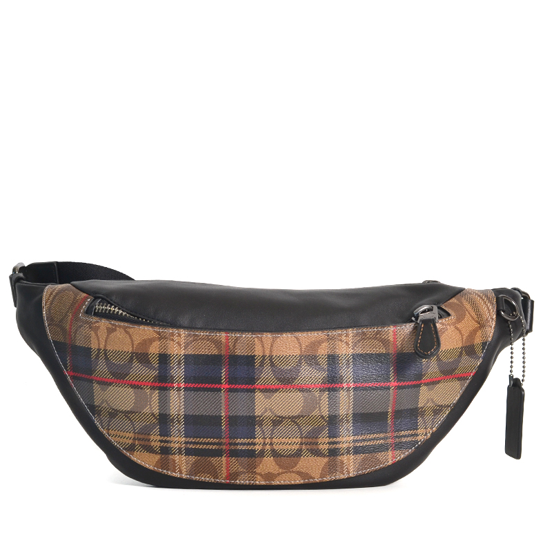 Coach Warren Belt Bag Plaid Print Signature Khaki Multi