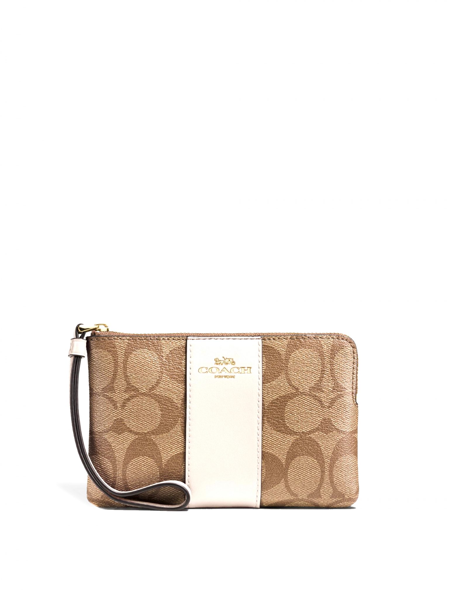 Coach Corner Zip Wristlet Signature Khaki Chalk Averand