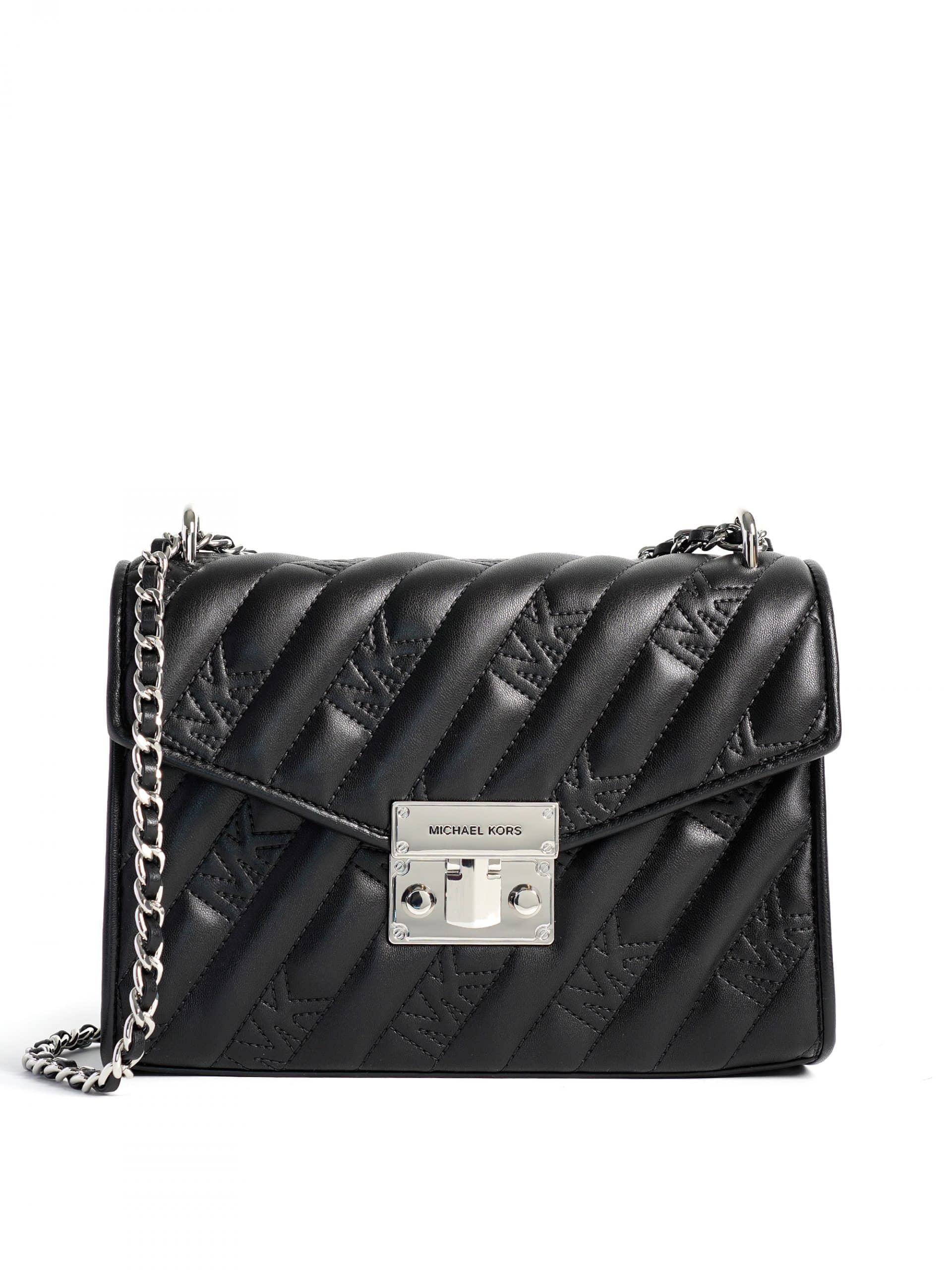 Michael Kors Rose Medium Flap Shoulder Quilted Logo MK Black - Averand