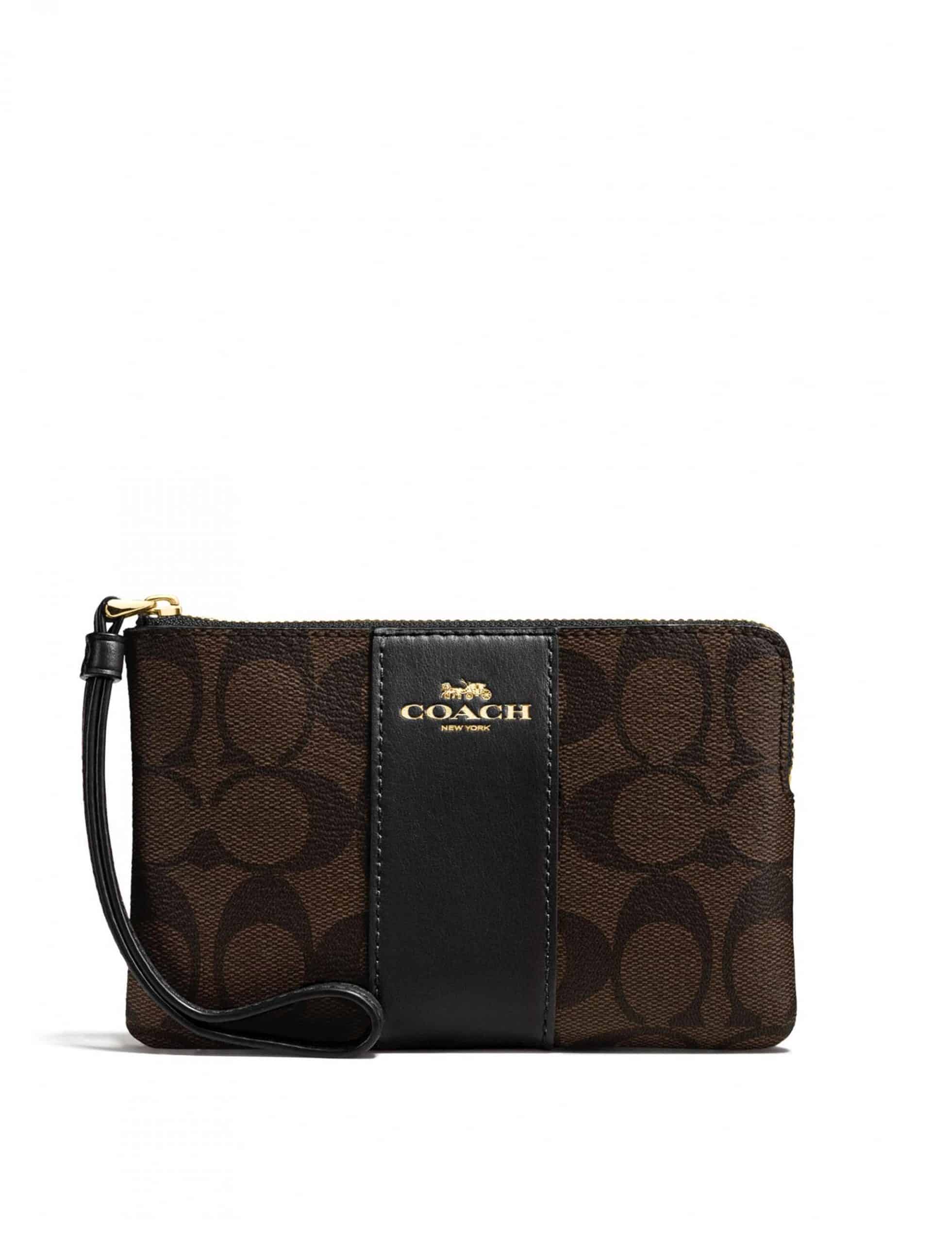Coach Corner Zip Wristlet Signature Brown Black Averand