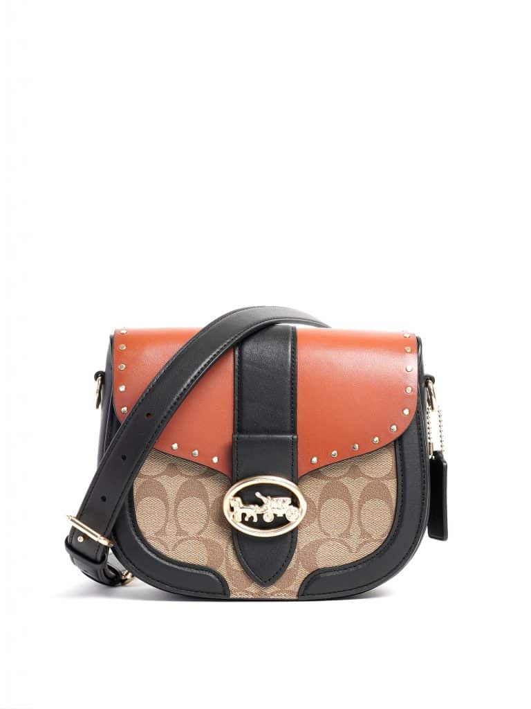 Coach Saddle Bag Colorblock Rivets Signature Khaki Terracotta