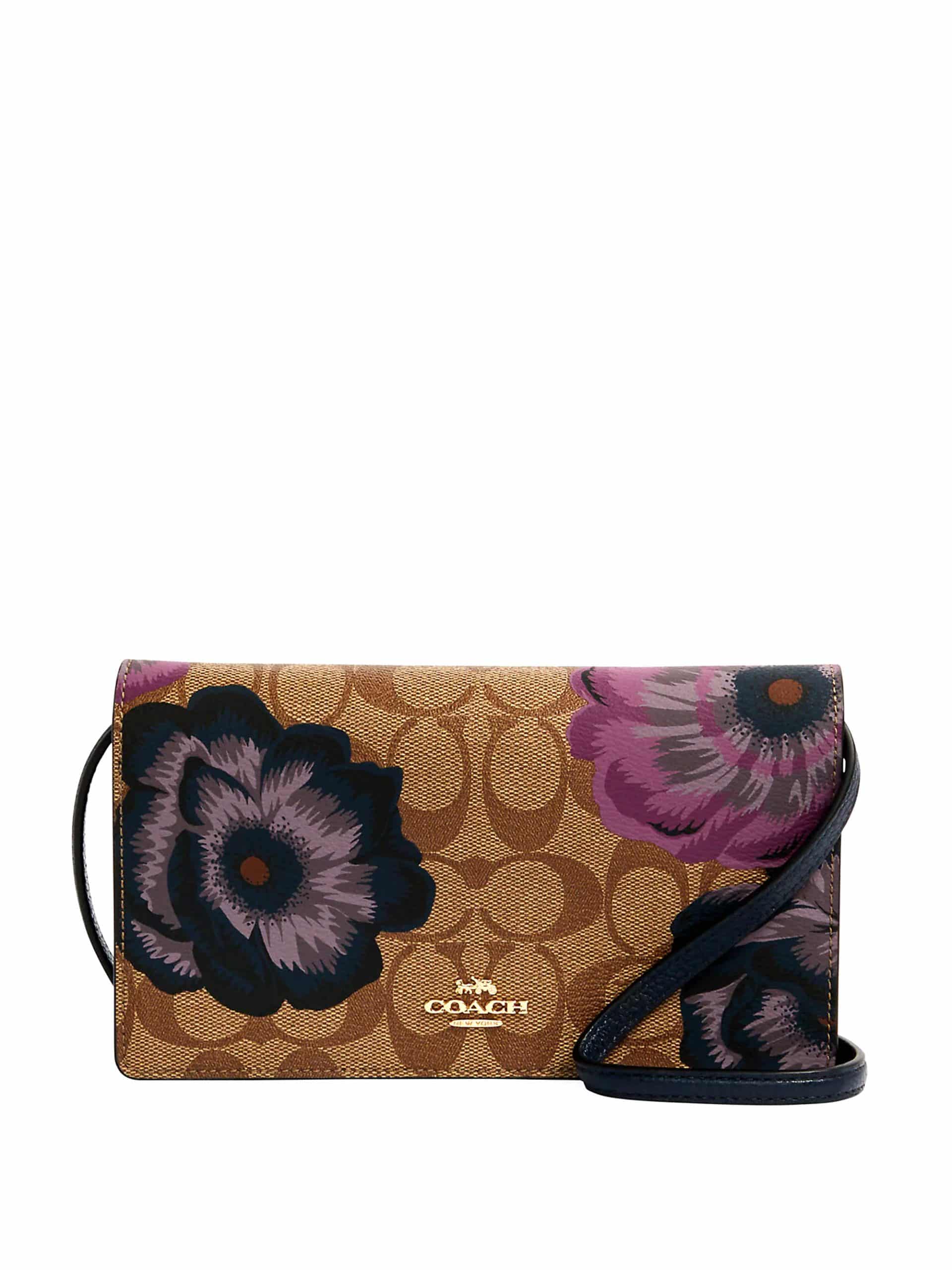 Coach Anna Foldover Crossbody Clutch Kaffe Fassett Print Signature Khaki Purple Multi Averand
