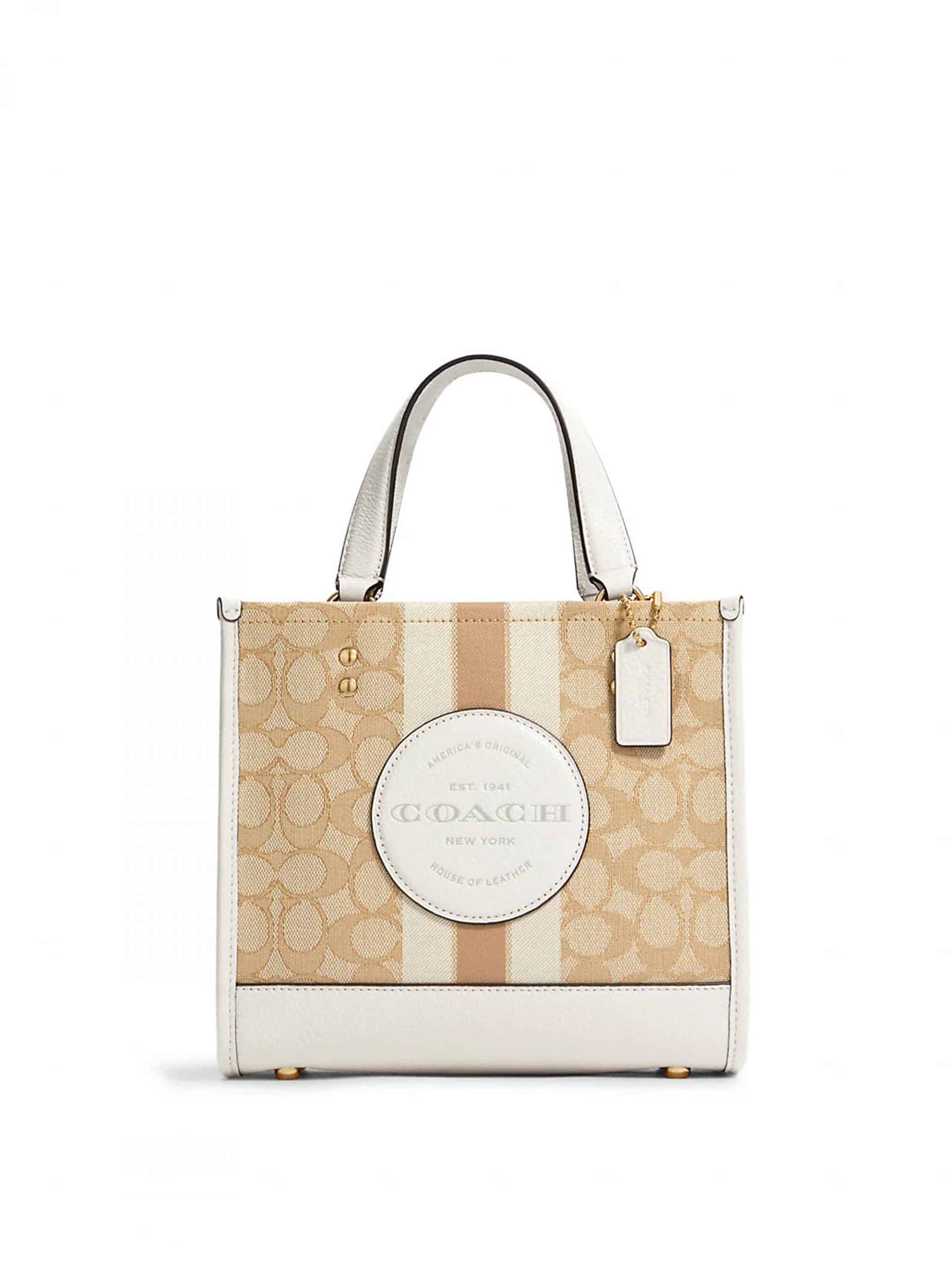 Coach Dempsey Tote 22 Stripe And Coach Patch Signature Light Khaki