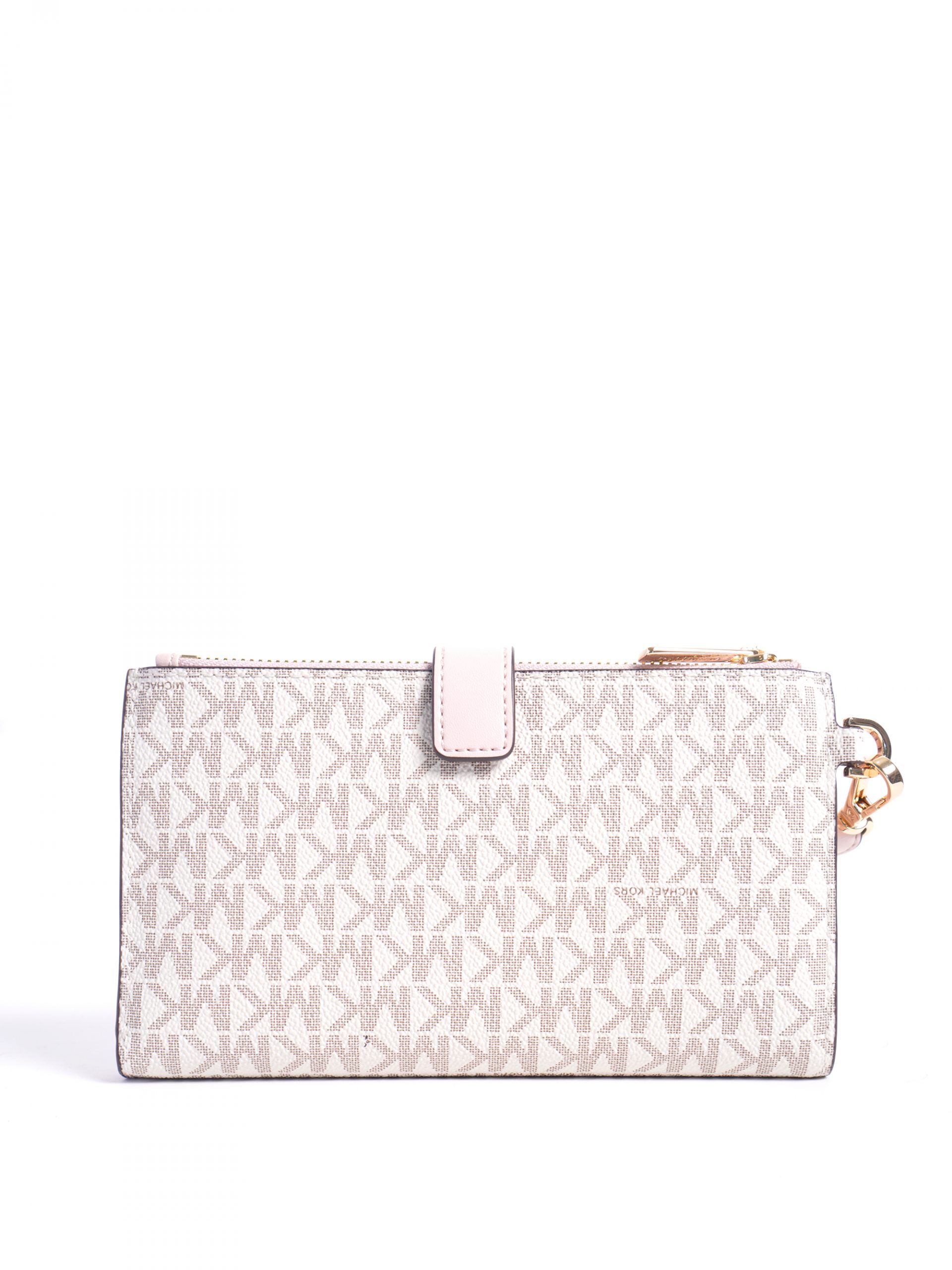 Michael Kors Jet Set Travel Leather Logo Large Double Zip Wristlet Wallet  (Vanilla/Powder Blush)