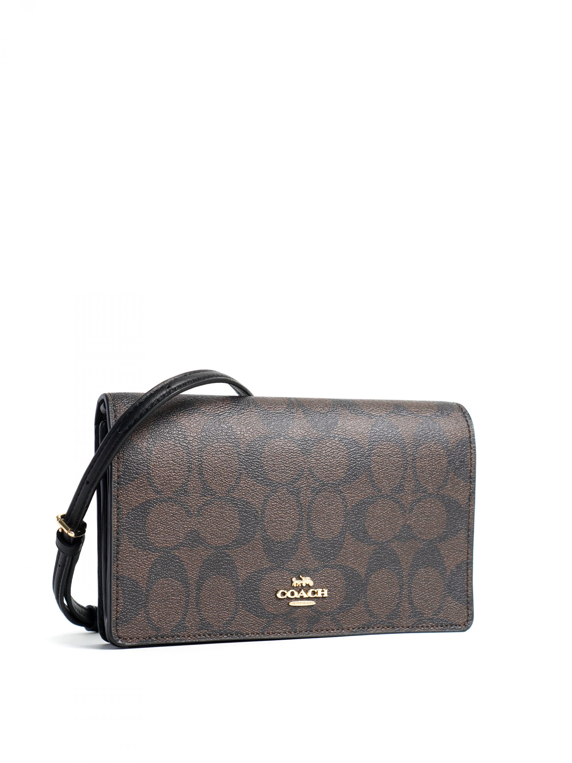 Coach Brown/Black Signature Coated Canvas and Leather Anna Foldover Crossbody Clutch