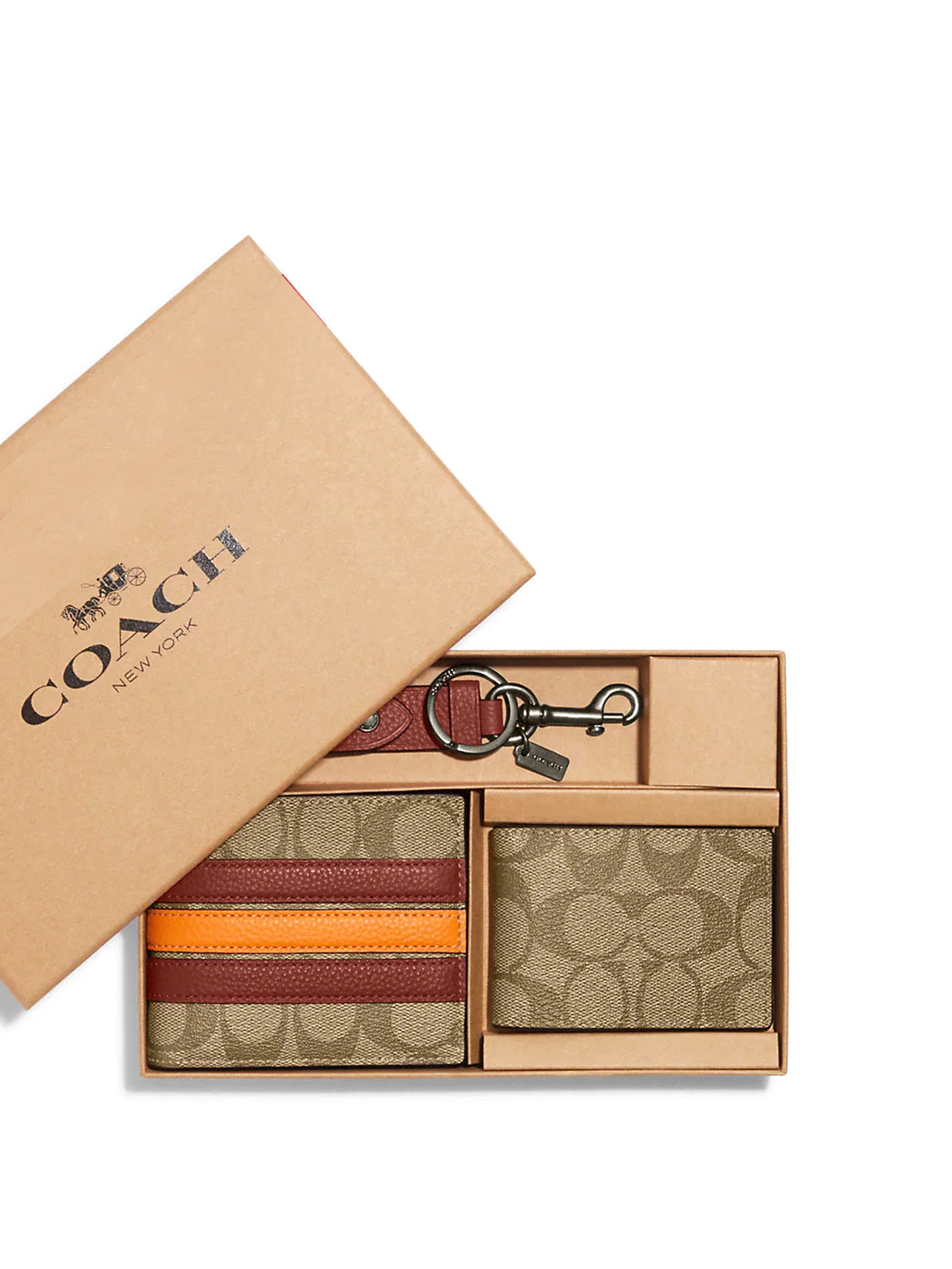 Coach Boxed Wallet Gift Set Signature Varsity Stripe Khaki Terracotta
