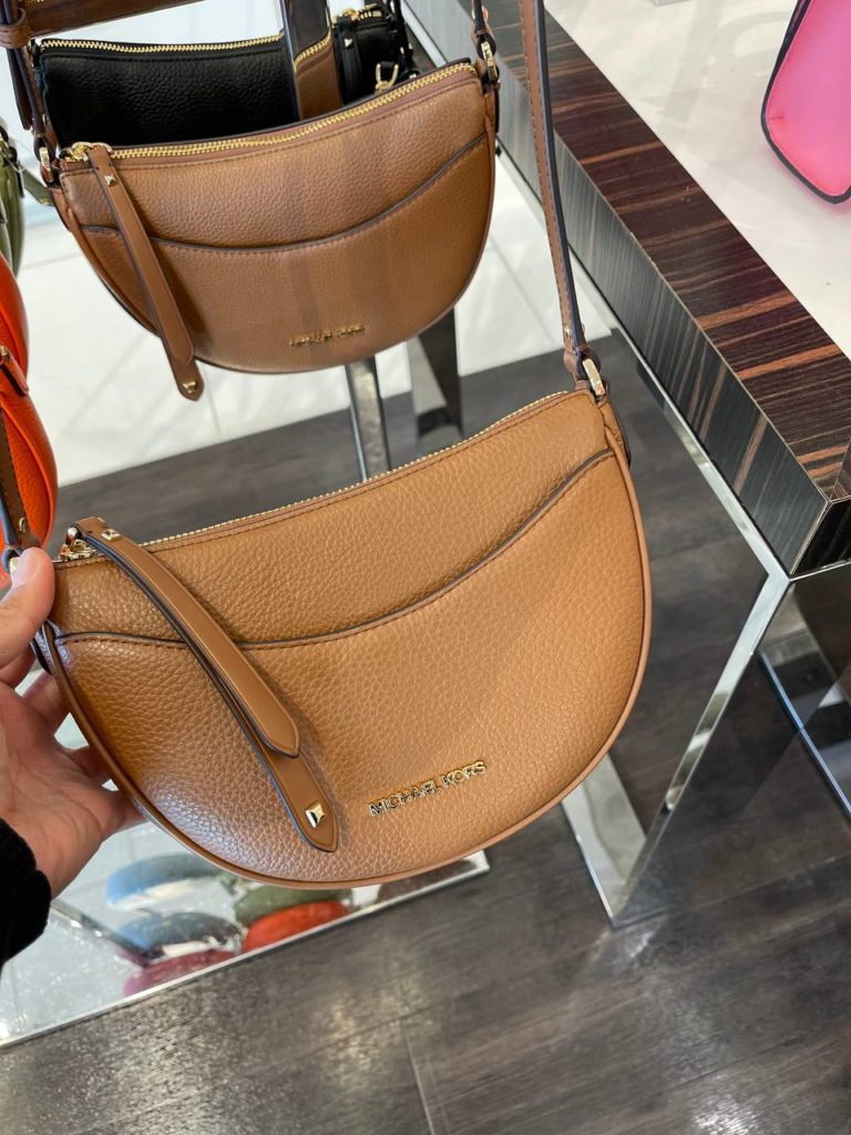 Michael Kors Dover Small Luggage Pebbled Leather Half Moon Crossbody Bag Purse