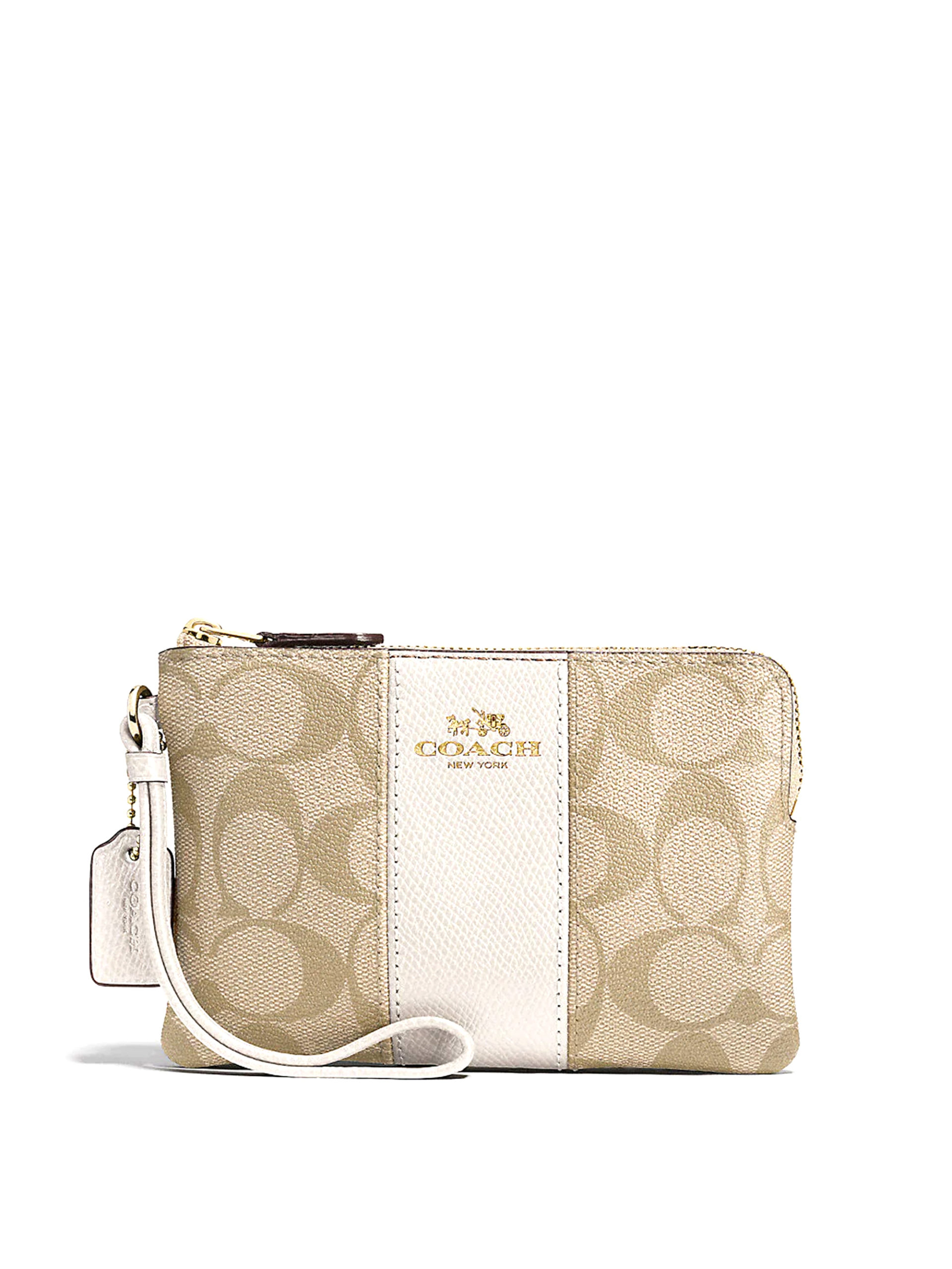 Coach Corner Zip Wristlet Signature Light Khaki Chalk Averand