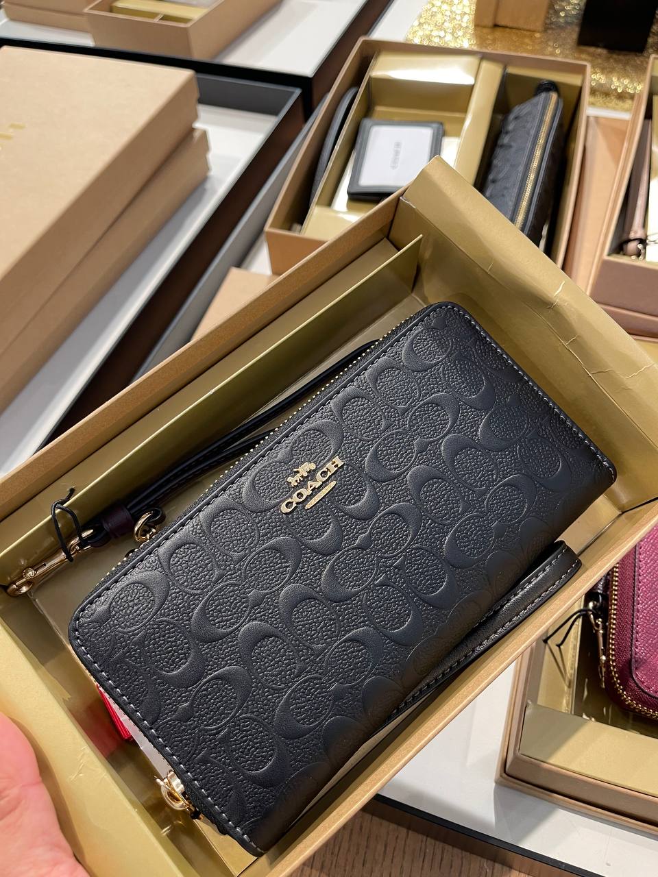 Coach Boxed Long Zip Around Wallet Signature Leather Black