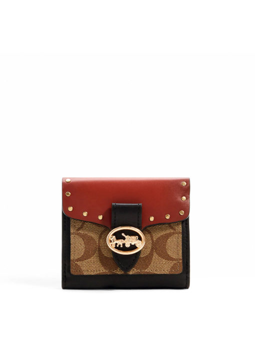 Coach Georgie Small Wallet Colorblock Rivets Signature Khaki